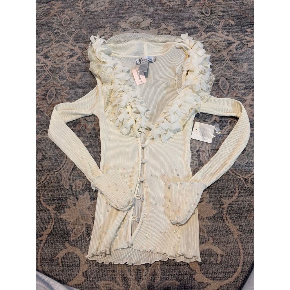 Vintage Y2K Beaded Sequin Long Sleeve Button Front Blouse Ruffled Dressbarn